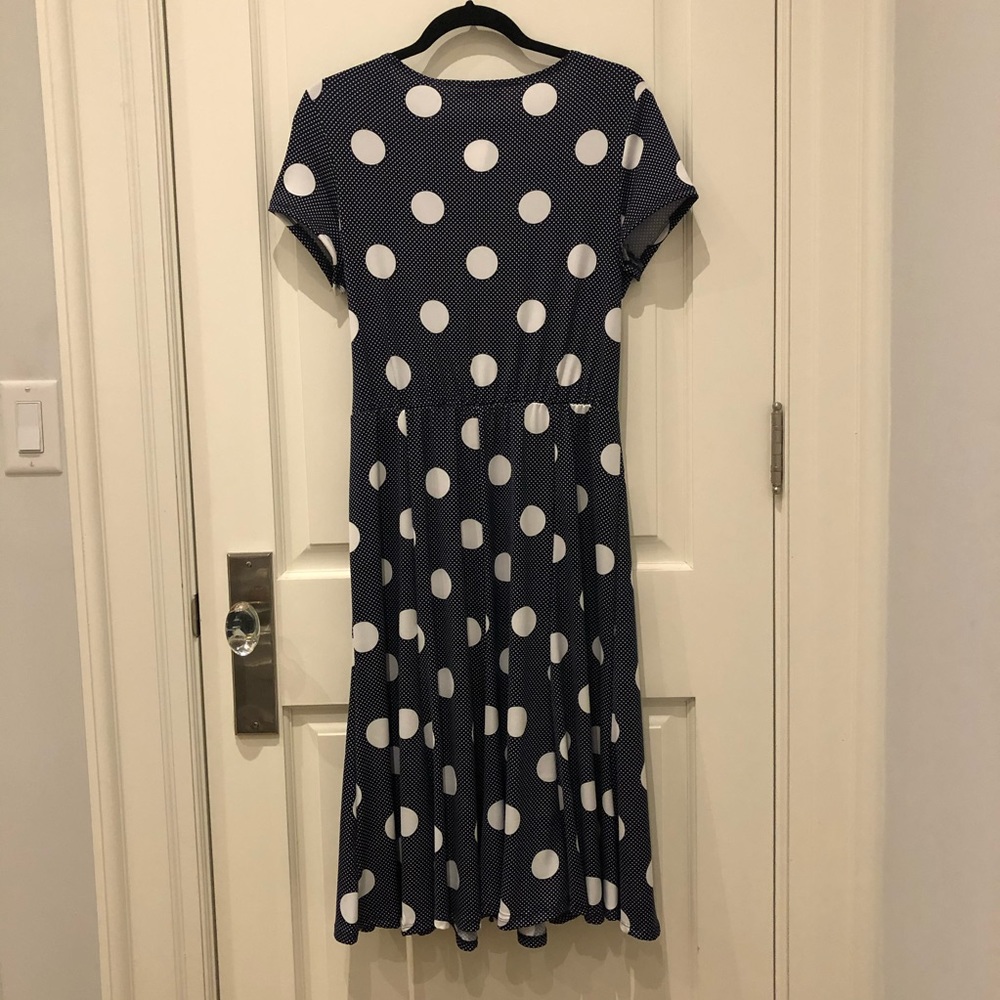 Navy Polka Dot Fit and Flare Faux Wrap Dress - Picture 3 of 7